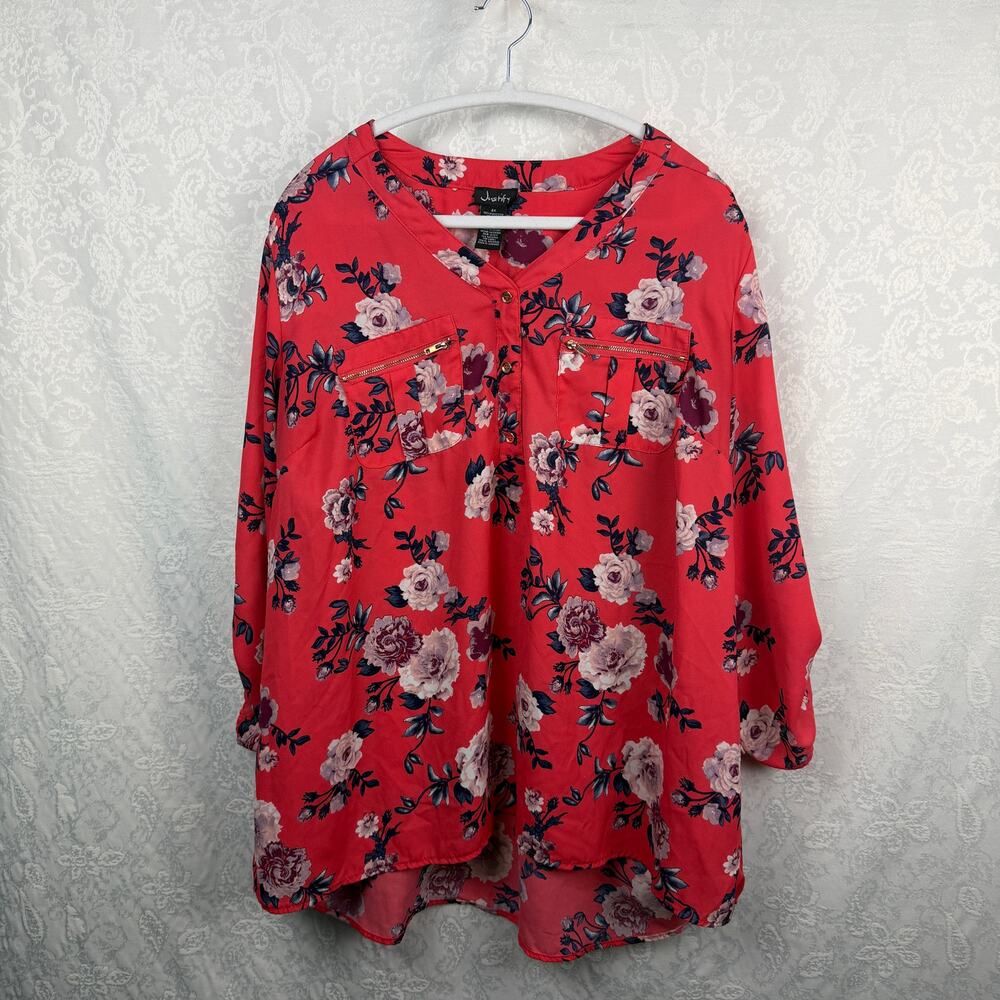 Justify Women's 2X Coral Red Floral Blouse Tunic Long Sleeve Zip Pocket Top - Picture 2 of 8